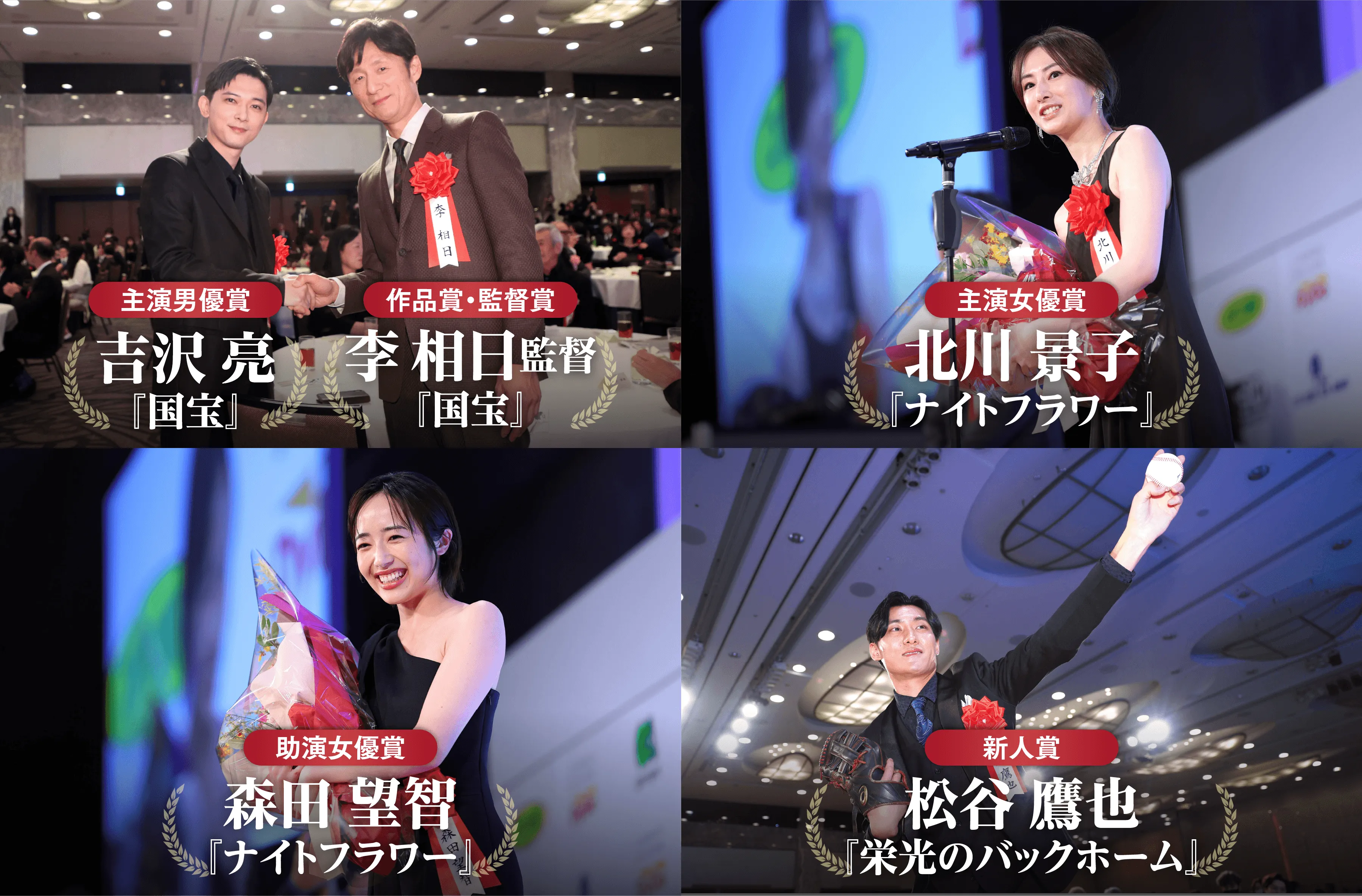 主演男優賞 吉沢 亮『国宝』作品賞・監督賞 李 相日監督『国宝』主演女優賞 北川 景子『ナイトフラワー』助演女優賞 森田 望智『ナイトフラワー』新人賞 松谷 鷹也『栄光のバックホーム』